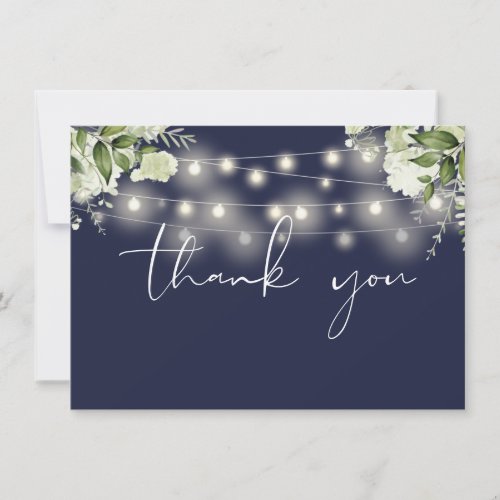 Navy Blue Floral Greenery String Lights Thank You Card