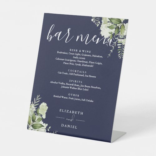 Navy Blue Floral Greenery Wedding Bar Menu Pedestal Sign