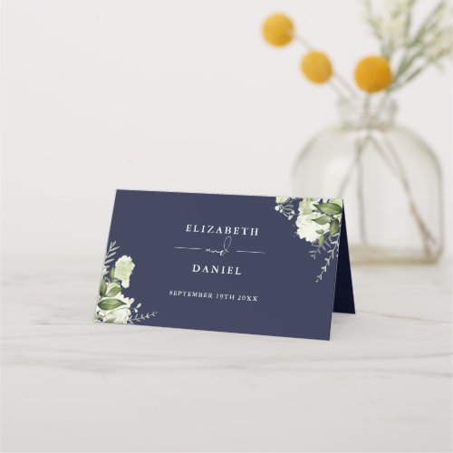 Navy Blue Floral Greenery Wedding Folded Place Card