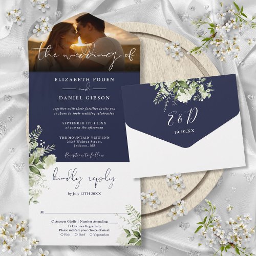 Navy Blue Floral Greenery Wedding Photo All In One Invitation