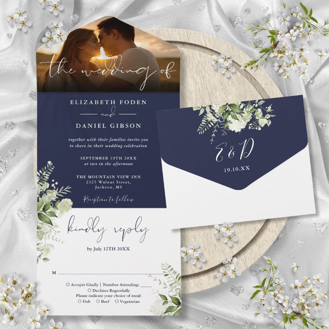 Navy Blue Floral Greenery Wedding Photo All In One Invitation (Navy Blue Floral Greenery Wedding Photo All In One Invitation)