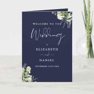 Navy Blue Floral Greenery Wedding Program