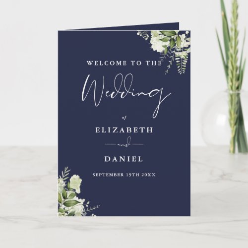 Navy Blue Floral Greenery Wedding Program