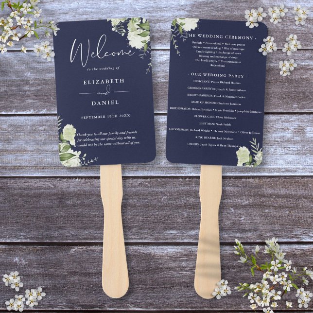 Navy Blue Floral Greenery Wedding Program Hand Fan (Navy Blue Floral Greenery Wedding Program Hand Fan)