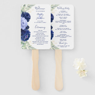 Navy Blue Floral Greenery Wedding Program Hand Fan