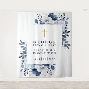 Navy Blue Floral Holy Communion Photo Backdrop