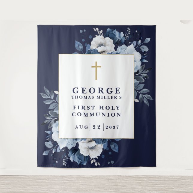 Navy Blue Floral Holy Communion Photo Backdrop (Front)