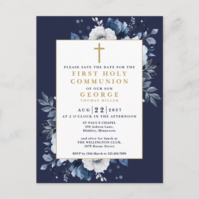 Navy Blue Floral Holy Communion Save The Date Postcard (Front)