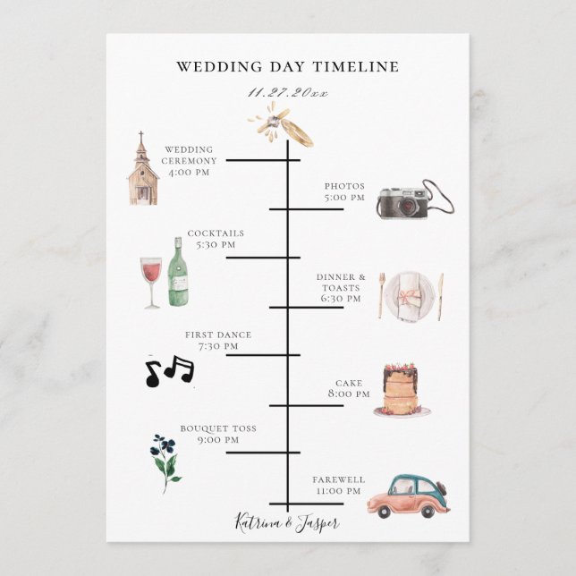 Navy Blue Floral Illustrated Wedding Timeline Program (Front)
