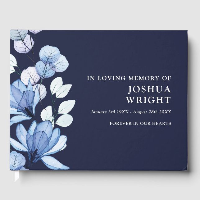 Navy Blue Floral In Loving Memory Funeral Guest Book (Front)