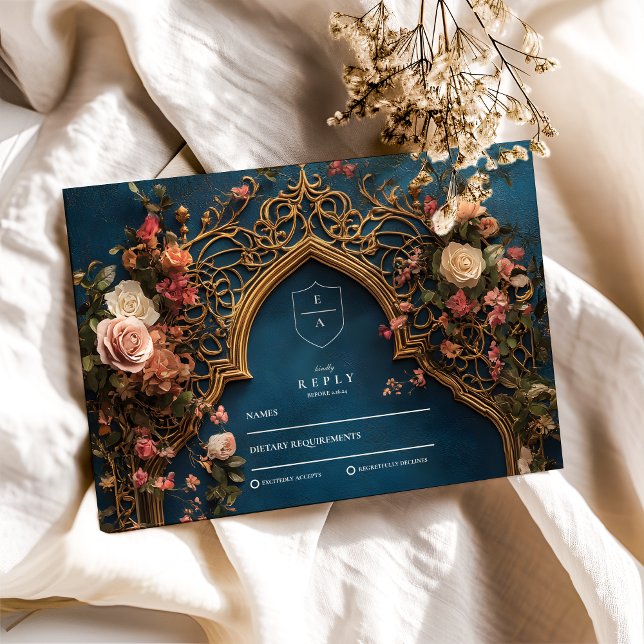 Navy Blue Floral Islamic Wedding RSVP Card (Creator Uploaded)