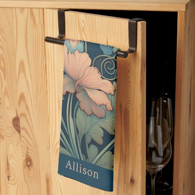 Navy blue floral kitchen towel (Thirds Fold)