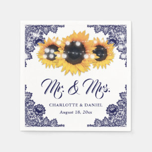 Navy Blue Floral Lace Sunflower Wedding Napkins