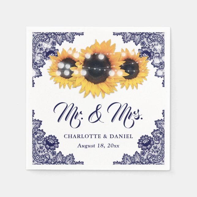 Navy Blue Floral Lace Sunflower Wedding Napkins (Front)