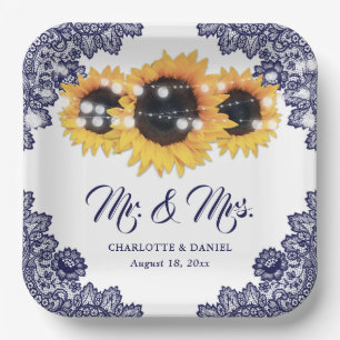 Navy Blue Floral Lace Sunflower Wedding Paper Plates