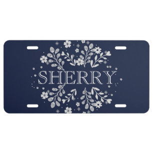Navy Blue Floral License Plate