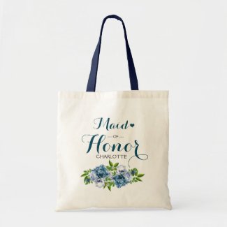 Navy Blue Floral Maid of Honor Tote Bag