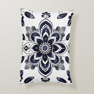 Navy Blue Floral Mandala Tile Lumbar Pillow