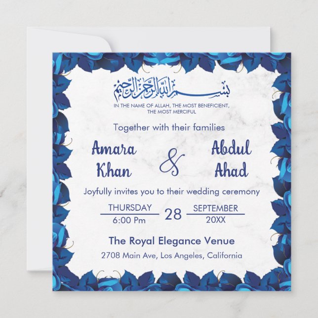 Navy Blue Floral Marble Islamic Muslim Wedding Invitation (Front)