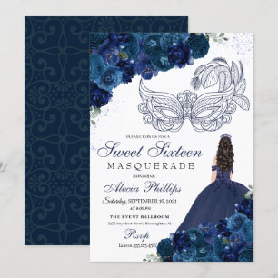 Navy Blue Floral Masquerade Sweet 16 Invitation