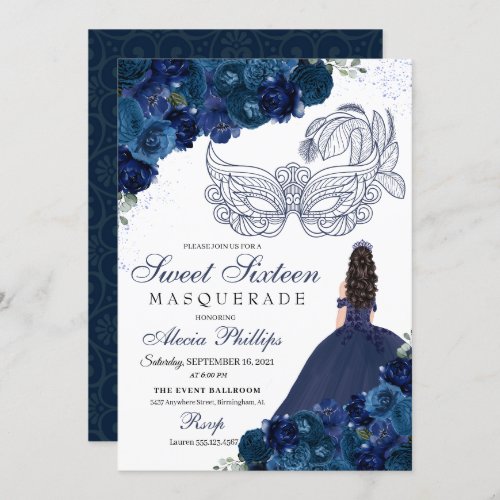 Navy Blue Floral Masquerade Sweet 16 Invitation