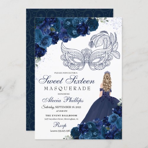 Navy Blue Floral Masquerade Sweet 16 Invitation