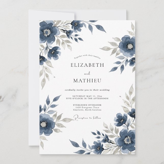 Navy Blue Floral Meadow Wedding Invitation (Front)