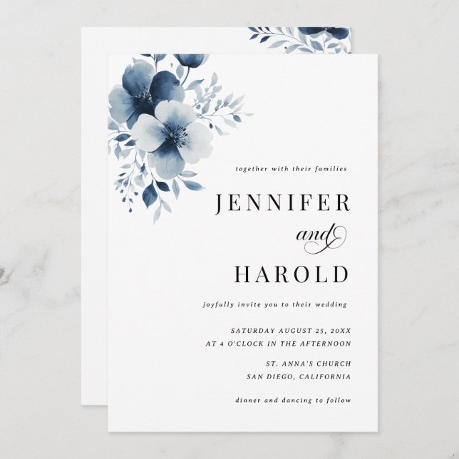 Navy Blue Floral Minimal Plain All in One Wedding Invitation (Front/Back)