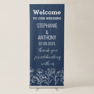 Navy Blue Floral Modern Elegant Wedding Retractable Banner