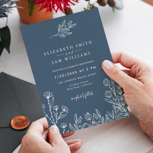 Navy Blue Floral Modern Simple Wedding Invitation | Zazzle