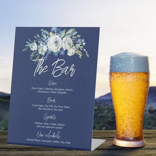 Navy Blue Floral Modern Winter Wedding Bar Menu Pedestal Sign
