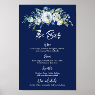 Navy Blue Floral Modern Winter Wedding Bar Menu Poster