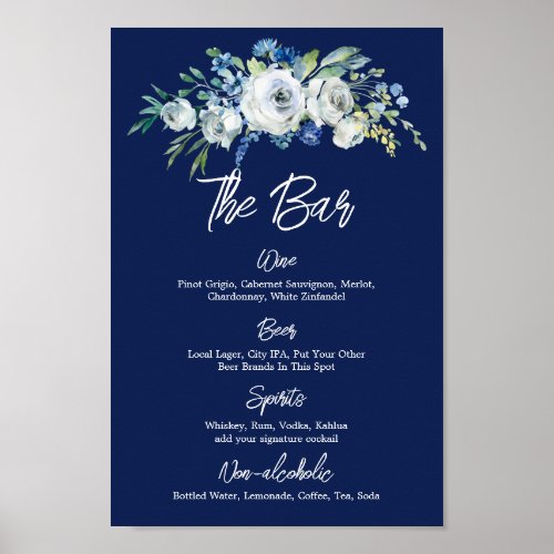 Navy Blue Floral Modern Winter Wedding Bar Menu Poster