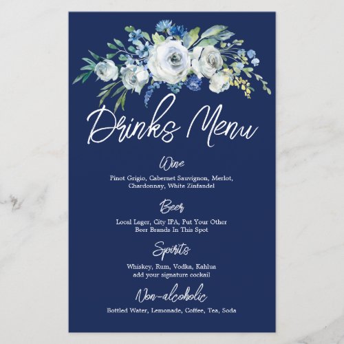 Navy Blue Floral Modern Winter Wedding Drinks Menu