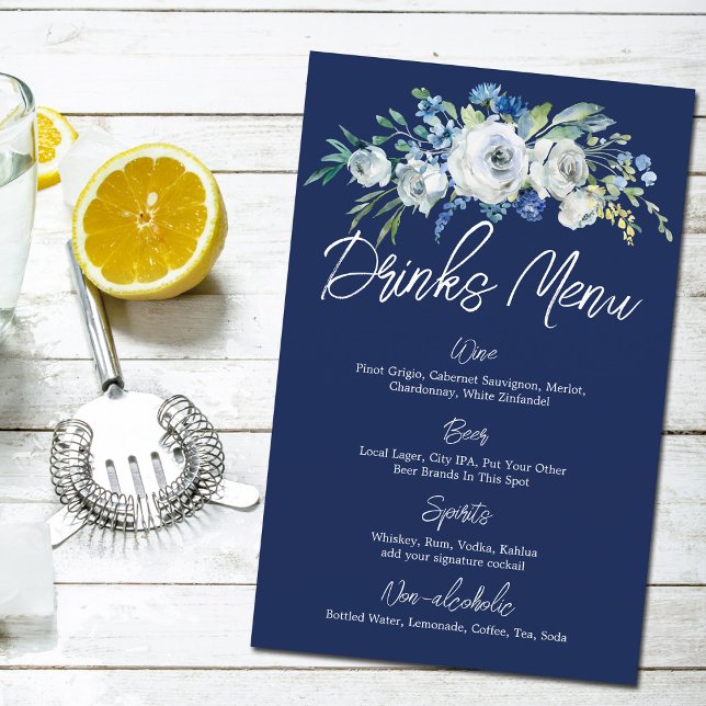 Navy Blue Floral Modern Winter Wedding Drinks Menu (Creator Uploaded)