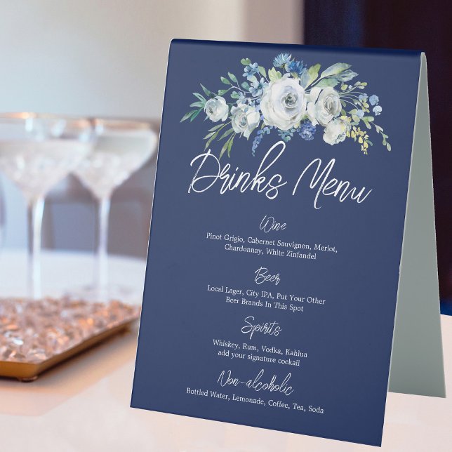 Navy Blue Floral Modern Winter Wedding Drinks Menu Table Tent (Creator Uploaded)