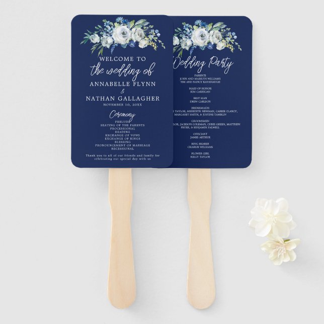Navy Blue Floral Modern Winter Wedding Program Hand Fan (Front and Back)