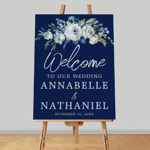Navy Blue Floral Modern Winter Wedding Welcome Foam Board