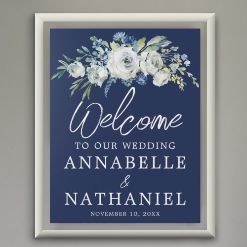 Navy Blue Floral Modern Winter Wedding Welcome Poster