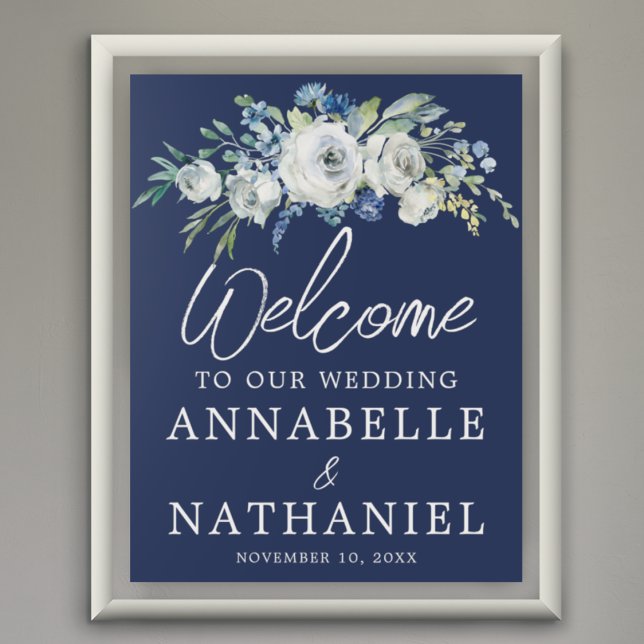 Navy Blue Floral Modern Winter Wedding Welcome Poster (Creator Uploaded)