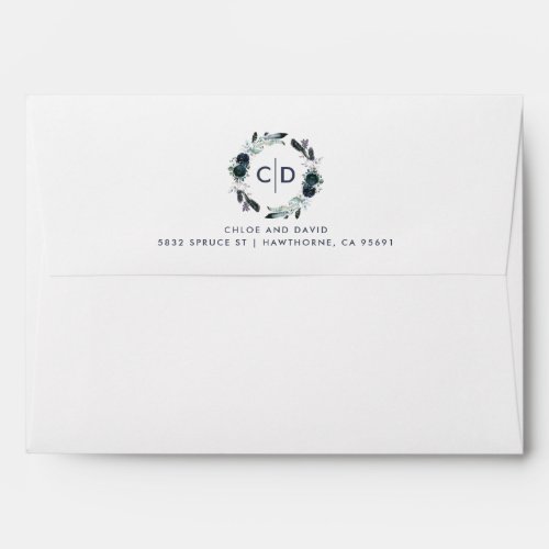 Navy Blue Floral Monogram 5 x 7 Return Address Envelope - Monogram flower wedding envelopes featuring a classy white background, a watercolor navy blue boho floral inner, rose and feather wreath with your initials, name and return address on the seal. Click on the “Customize it” button for further personalization of this template. You will find matching items further down the page, if however you can't find what you looking for please contact me.