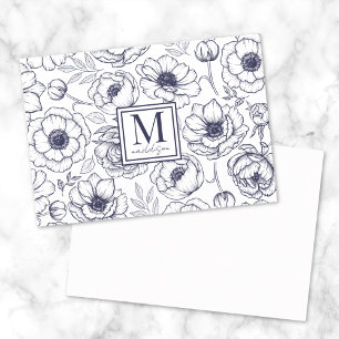 Navy Blue Floral Monogram Note Card