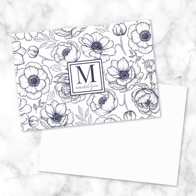 Navy Blue Floral Monogram Note Card (Navy Blue Floral Monogram Note Card)