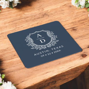 Navy Blue Floral Monogram Wedding Crest Modern Square Paper Coaster