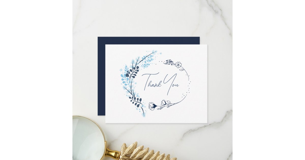 Navy Blue Floral Monogram Wedding Thank You Card | Zazzle