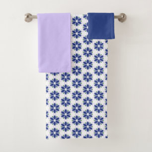Navy Blue Floral Mosaic Bath Towel Set