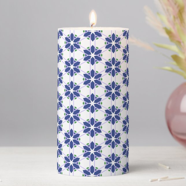 Navy Blue Floral Mosaic Pillar Candle (In Situ)