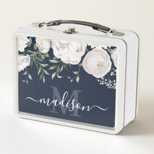 Navy Blue Floral Name Monogram Metal Lunch Box