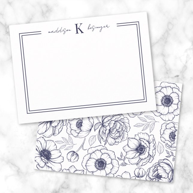 Navy Blue Floral Name Monogram Note Card (Navy Blue Floral Name Monogram Note Card)