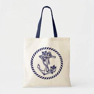 Navy Blue Floral Nautical Anchor And Wreath Tote Bag